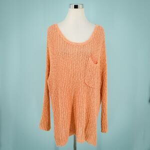 Free People Size Medium M Orange Chunky Open Knit Crew Long Sleeve Loose Sweater